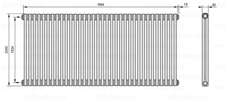 Схема (чертеж) Радиатор Zehnder Charleston 2200/34 №1270 Белый глянцевый RAL 9016